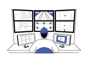 Surveillance system operator monitoring multiple screens, security room with cameras, cctv control center, tech professional at work