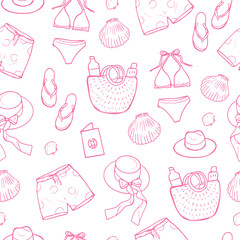 Seamless pattern with pink summer beach accessories including swimsuits, flip flops, hats, bags, and sunglasses on white background