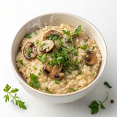 Creamy Mushroom Risotto in Bowl Overhead Shot, Food Photography, Italian Cuisine Risotto,Mushroom Recipe
