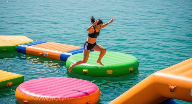 Woman jumping on inflatable water obstacle course - Powered by Adobe