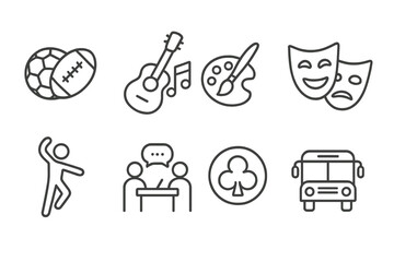 Extracurricular Icons. Line style icons for extracurricular activities: sports, music, art, theater, dance, debate, club, field