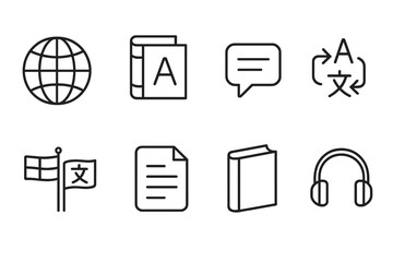 Translation Tools Icons. Line style icons for translation tools: globe, dictionary, speech bubble, translate arrows, language