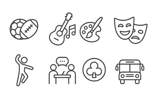 Extracurricular Icons. Line style icons for extracurricular activities: sports, music, art, theater, dance, debate, club, field