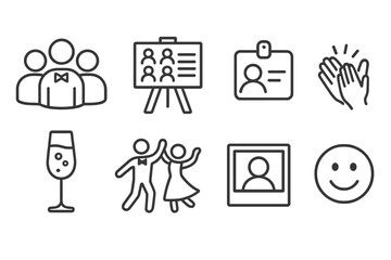 Fototapeta premium Wedding Icons. Line style icons of wedding guests: group of people, seating chart, name tag, clapping hands, champagne glass,