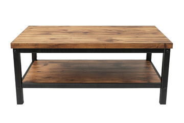 Industrial style wooden coffee table with black metal frame and lower shelf, isolated on transparent background.
