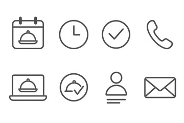 Restaurant Booking Icons. Line style icons of restaurant reservations and bookings: calendar, clock, checkmark, phone, online