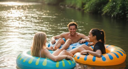 Obraz premium Young adults enjoying river tubing on a sunny day
