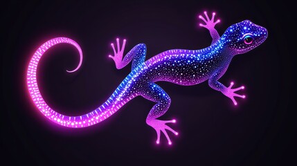 Glowing lizard, vibrant colors, dots, dark background