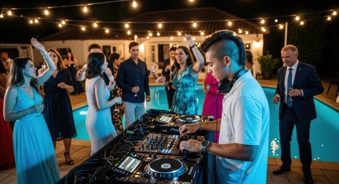 Young asian male dj performing at night pool party with diverse adults dancing