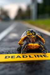 Turtle Crossing "DEADLINE" on Road - Time Pressure & Progress