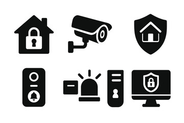 Home Security Icons. Solid style icons of home security: house lock, smart camera, protected zone, sensor alert. Solid style of