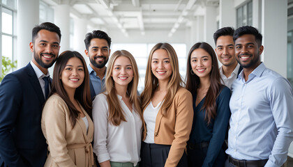 Obraz premium Diverse Team Smiling in Modern Office Showing Positive Collaboration
