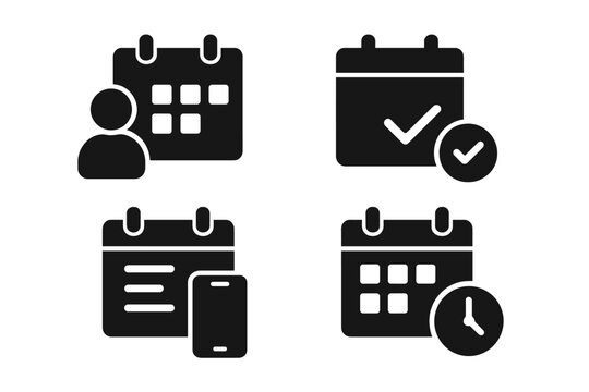 Solid Calendar Icons. Solid style icons of calendar-based control: daily routine, scheduled task, smart calendar, date planner.