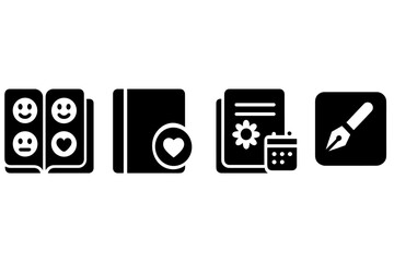 Journaling Tool Icons. Solid style icons of journaling tool: mood tracker journal, journal with heart badge, gratitude log,