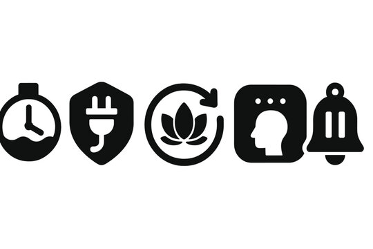 Mindful Break Icons. Solid style icons of mindful break reminders: soft wave timer icon, unplug session badge, focus refresh