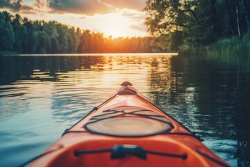 Fototapeta premium Enjoying a summer retreat kayaking on a serene lake for ultimate relaxation and adventure