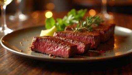 Sliced steak served on vintage iron plate in dimly lit bistro with red and white checkered tablecloths
