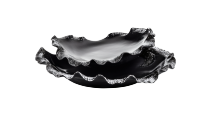 Floating magical midnight-black squid ink ravioli with shimmering silver edges isolated on white background 