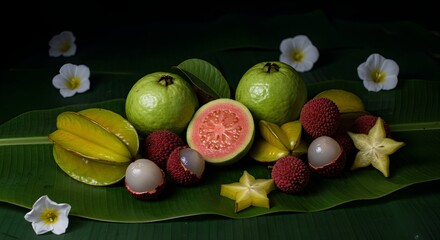 Vibrant Tropical Fruit Still Life Guava, Lychee, and Starfruit Composition