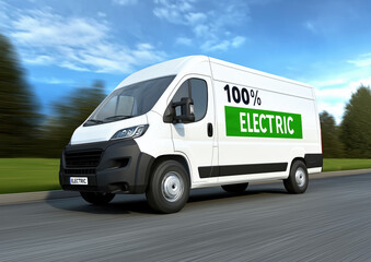 White delivery van with 100% electric text on the side driving on a road. Green transport concept. Generative AI