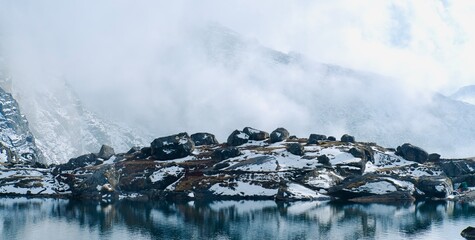 Snow fall on the holly mountain lake panoramic view