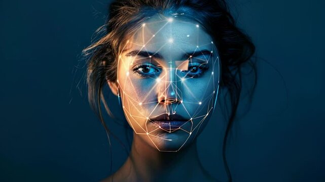 Facial recognition technology, face of young woman with digital glowing lines of biometric data on dark background. Concept of identification, person.