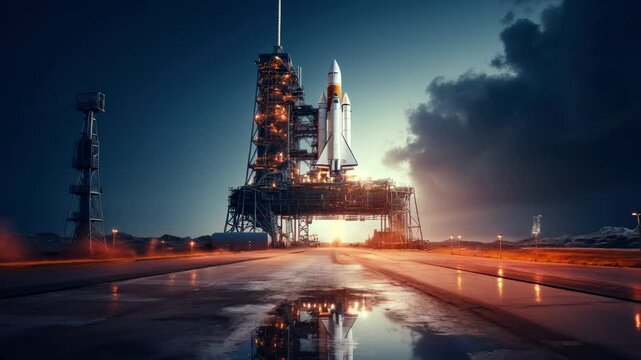 Space shuttle is on launch pad before start, rocket on sky background at night. Concept of travel, technology, science, sls.