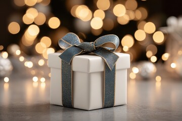 A beautifully wrapped present with a denim bow, set against a soft, blurred background of warm, glowing Christmas lights, radiating festive cheer.