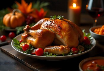 "Thanksgiving turkey with cranberry sauce and roasted veggies, festive table setting."