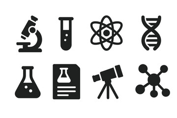 Science Icon Set. Solid style icons of science and research: microscope, test tube, atom model, DNA strand, lab flask, science