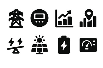 Energy System Icons. Solid style icons of energy and grid systems: powerline tower, smart meter, energy chart, consumption tracker