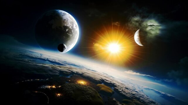 A view of the sun and moon from space with a city in the distance