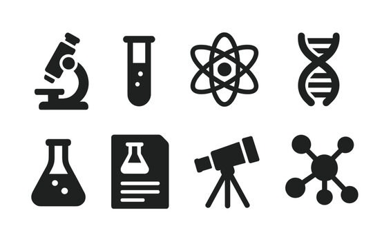 Science Icon Set. Solid style icons of science and research: microscope, test tube, atom model, DNA strand, lab flask, science