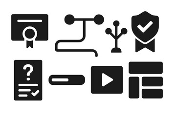 Learning Icons Collection. Solid style icons of learning modules: diploma icon, course path, skill tree, certification badge, quiz