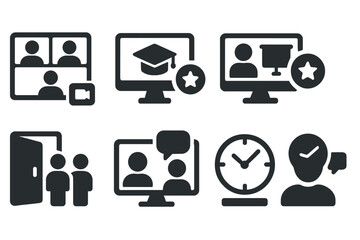 Online Education Icons. Solid style icons of online education meetings: group call icon, class meeting badge, agenda list, virtual