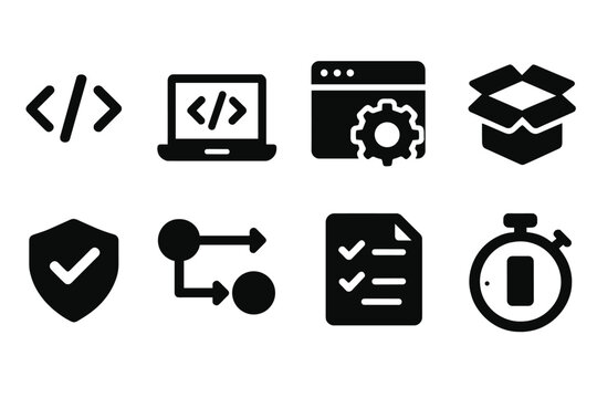 Remote Workflow Icons. Solid style icons of development in remote workflows: code symbol, dev environment, feature update icon,