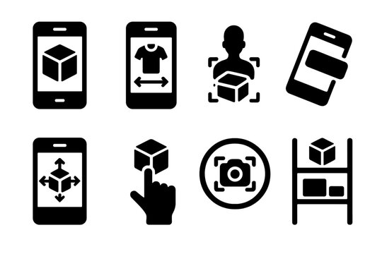 AR Feature Icons. Solid style icons of AR features: AR product preview, virtual fitting icon, overlay label, mobile AR view,