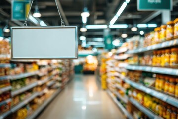 Naklejka premium A blank sign hanging in a grocery store aisle with blurred shelves full of product, perfect for adding your own message or special offer, promotion and advertising.