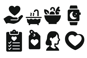 Self-Care Icon Collection. Solid style icons of self-care practices: heart in hand, bath icon, nutrition bowl, sleep tracker.