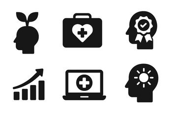 Mental Health Icons. Solid style icons of mental health startups: seed idea, care product, innovation badge, wellness MVP. Solid
