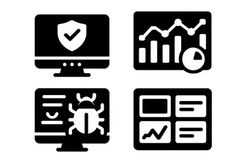 Cybersecurity Dashboard Icons. Solid style icons of cybersecurity dashboards: security panel, report chart, breach log, system