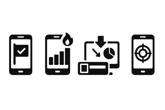 Screen Goal Icons. Solid style icons of screen goals: smartphone with checkmark flag, screen streak chart, usage reduction icon,