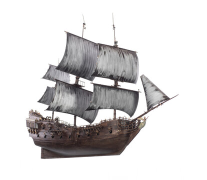 pirate ship with white sails isolated on white background