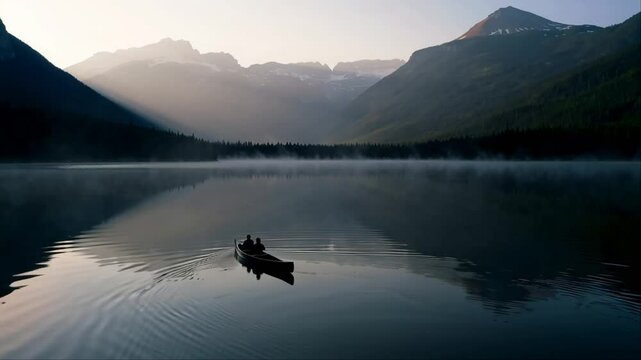 Peaceful early morning scene with two people paddling a canoe on a calm mountain lake surrounded by forested hills and mist. 