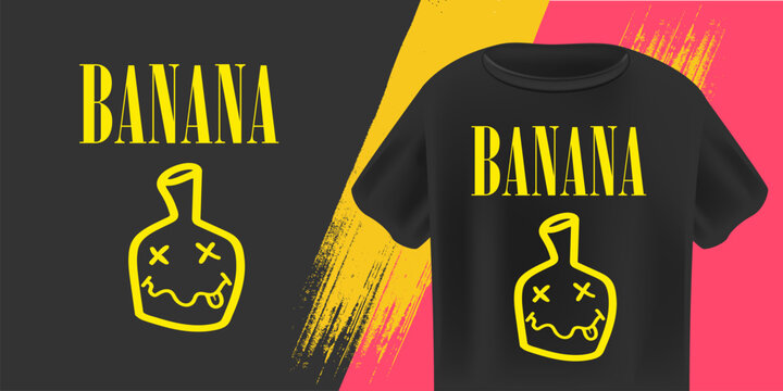 Banana Nirvana T-Shirt Design Vector Black Tee with Yellow Text and Funny Banana Smiling Face, Trendy Graphic Apparel for Casual Style and Pop Culture Fans