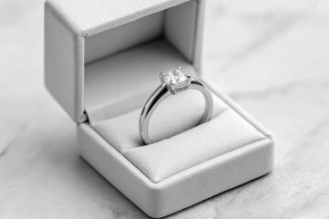Elegant silver engagement ring with diamond in a white box, presented on a soft marble surface, symbolizing love and commitment, ready for a special proposal.
