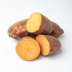 Cilembu Sweet Potatoes on Isolated White Background – Indonesian Honey-Sweet Variety with Glowing Flesh and Soft Light