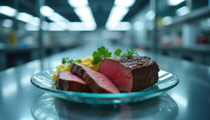 Flank steak on glass plate in futuristic space station kitchen lit by soft blue LED lighting