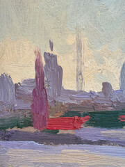 abstract etude oil paint city skyline, urban landscape, textured paint strokes