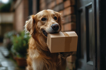 Golden Retriever with Package at Front Door - Pet Delivery/Happy Dog